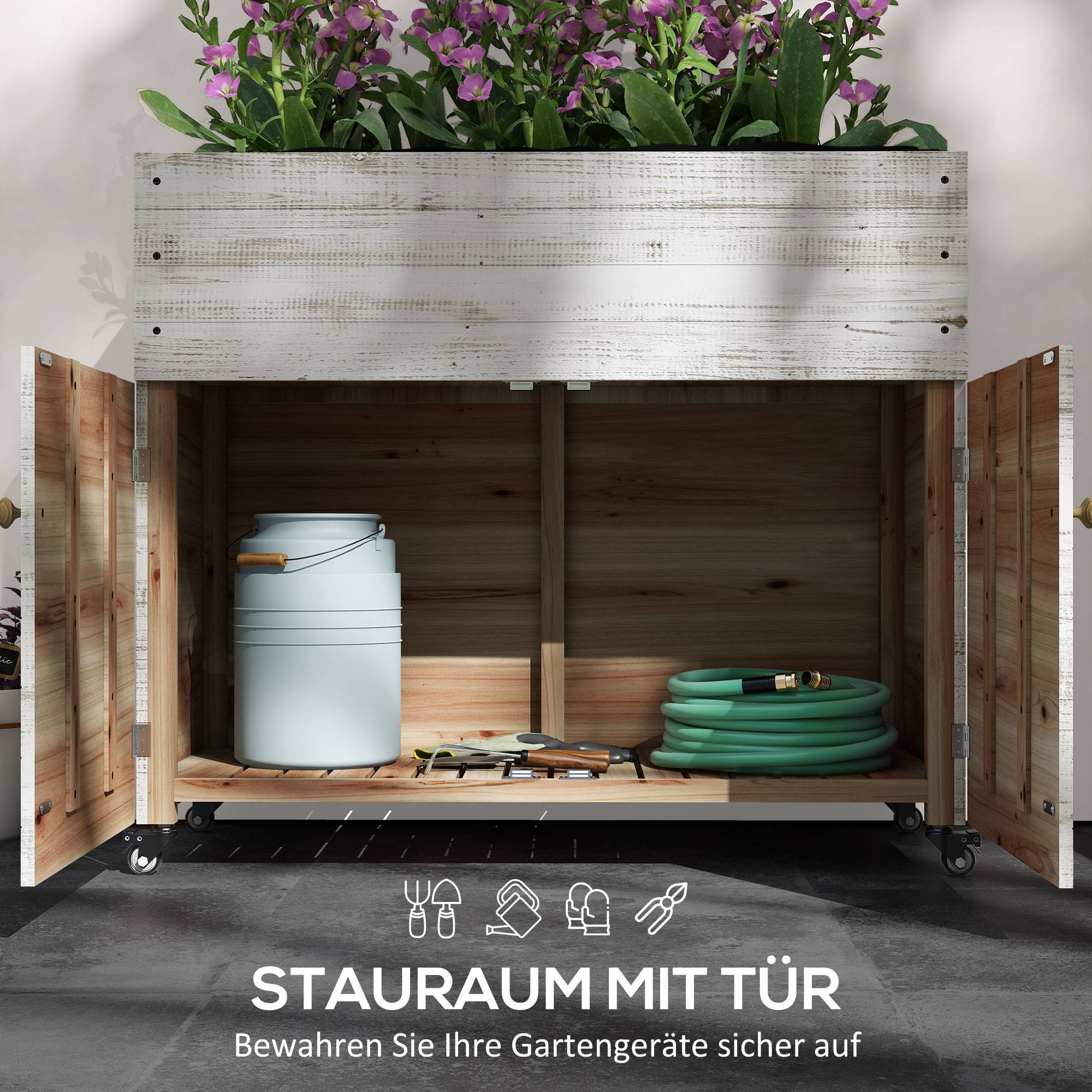 Jardinière surélevée avec roues, compartiment, doublure, style usé, 110x50x95 cm, blanc - Image 7