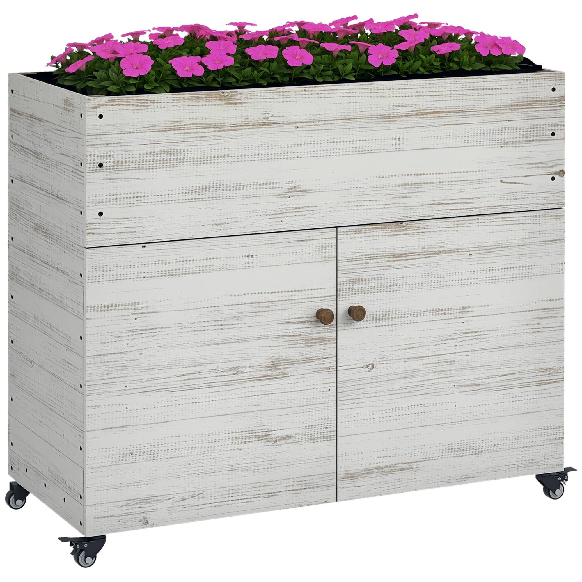 Jardinière surélevée avec roues, compartiment, doublure, style usé, 110x50x95 cm, blanc - Image 1