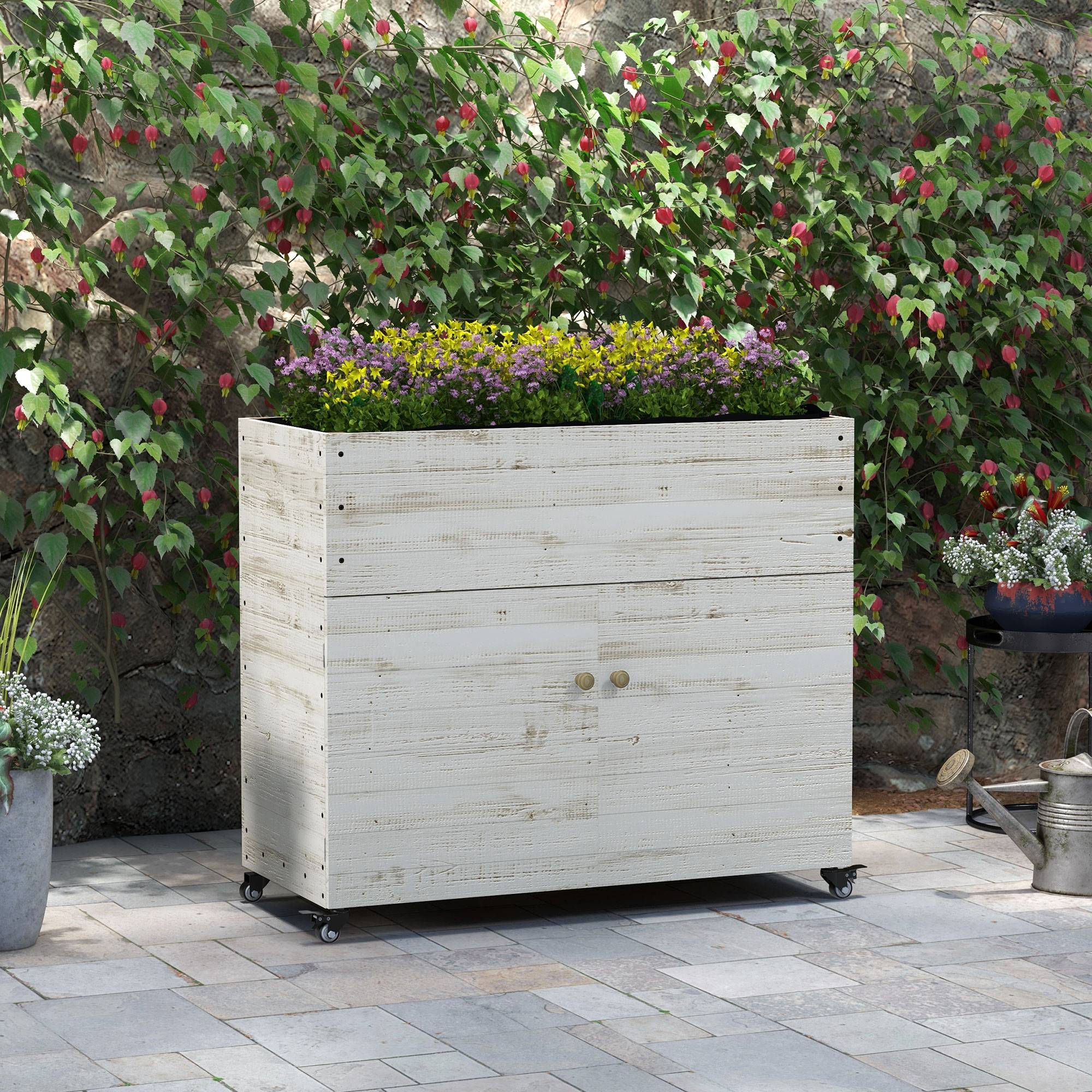 Jardinière surélevée avec roues, compartiment, doublure, style usé, 110x50x95 cm, blanc - Image 3