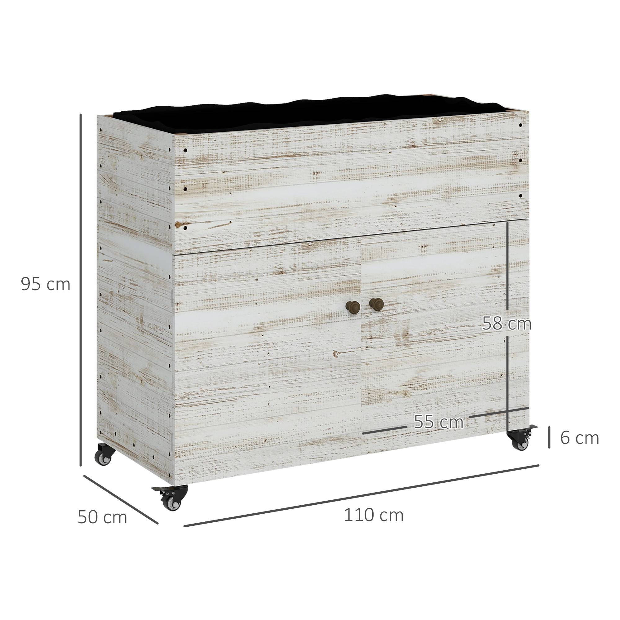 Jardinière surélevée avec roues, compartiment, doublure, style usé, 110x50x95 cm, blanc - Image 5