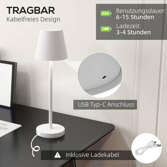 Lampe de Table Sans Fil Métal LED Tactile Rechargeable USB 3 Couleurs Blanc 36cm - ComfortXL Outdoor Living - Image 4