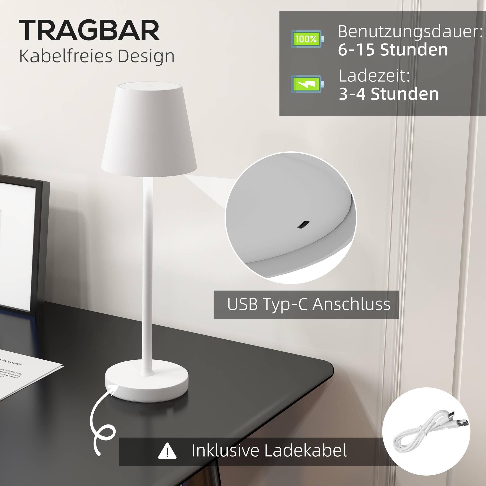 Lampe de Table Sans Fil Métal LED Tactile Rechargeable USB 3 Couleurs Blanc 36cm - ComfortXL Outdoor Living - Image 4