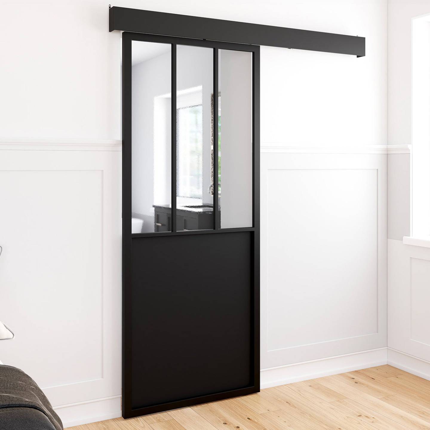 Kit porte coulissante verrière 83 cm en métal + MDF avec rail et fixations - Image 2