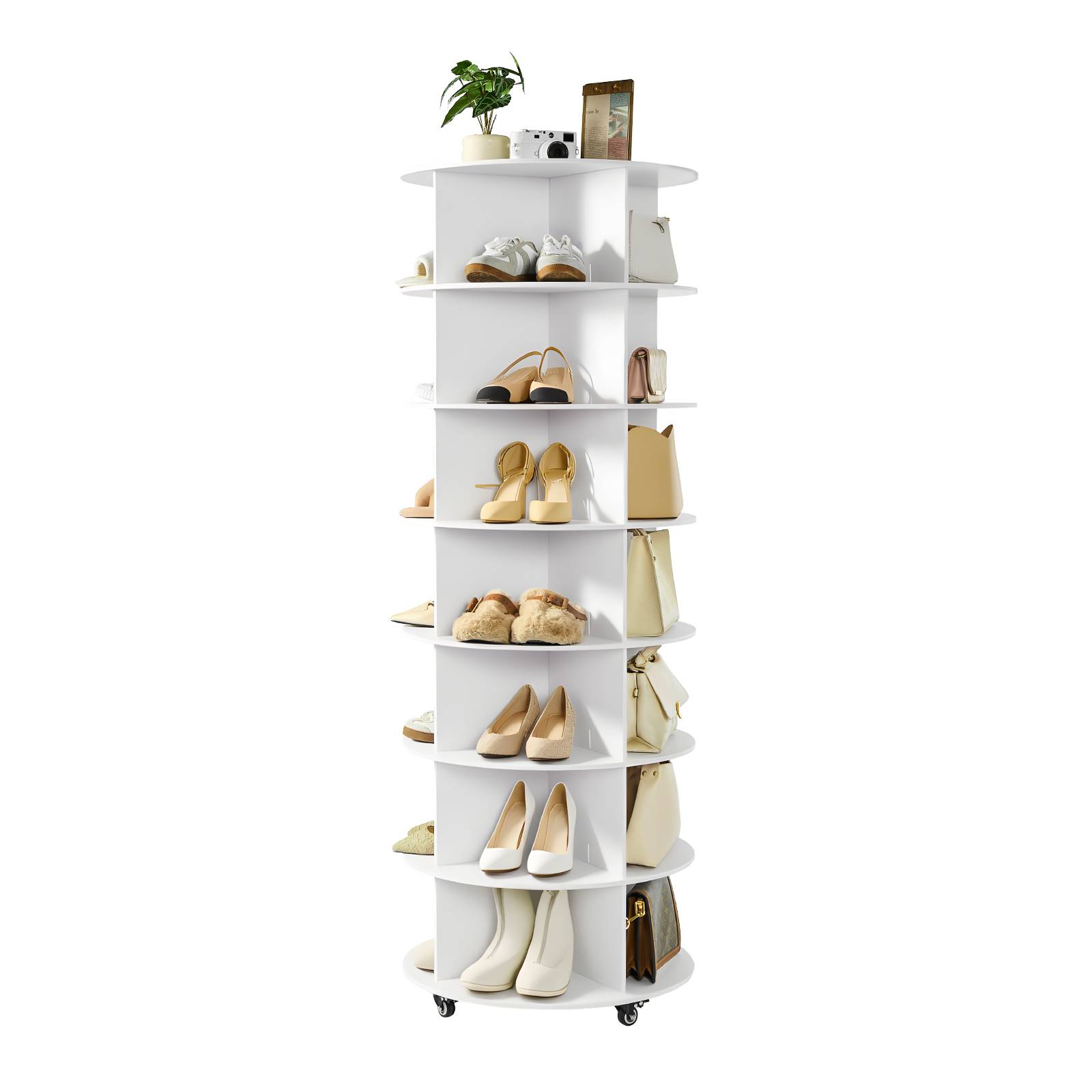 VEVOR Étagère à chaussures présentoir rotatif à 7 niveaux avec roulettes blanc - Image 1