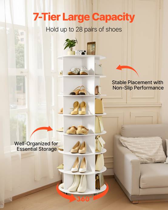 VEVOR Étagère à chaussures présentoir rotatif à 7 niveaux avec roulettes blanc - Image 4