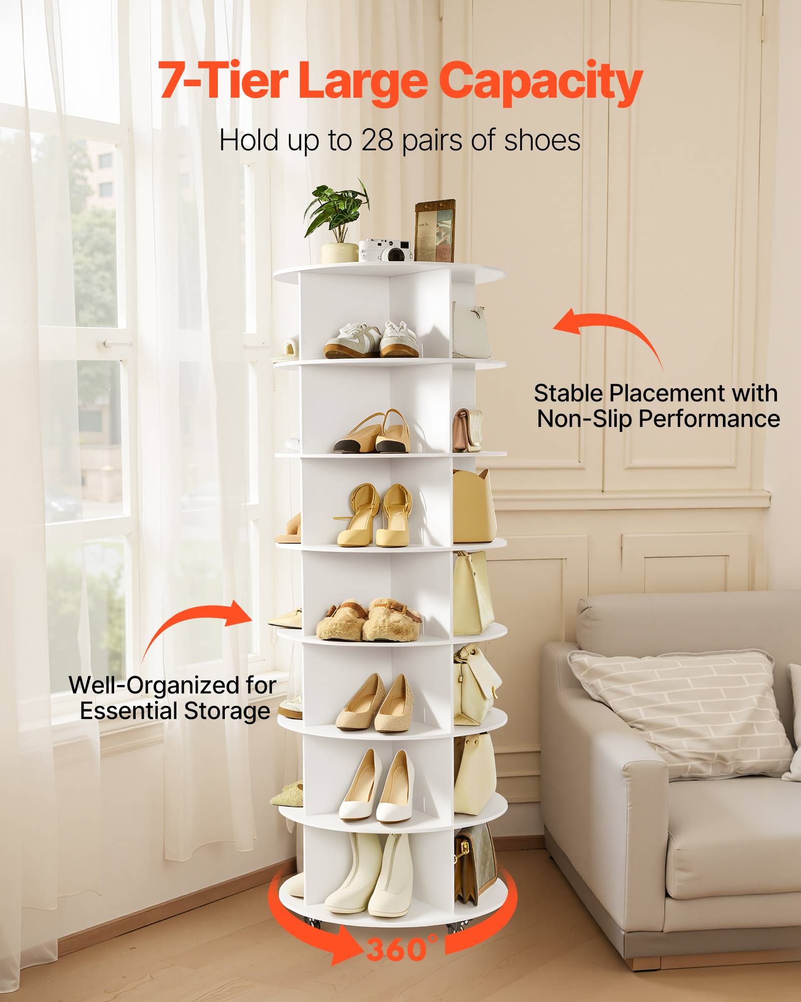 VEVOR Étagère à chaussures présentoir rotatif à 7 niveaux avec roulettes blanc - Image 4