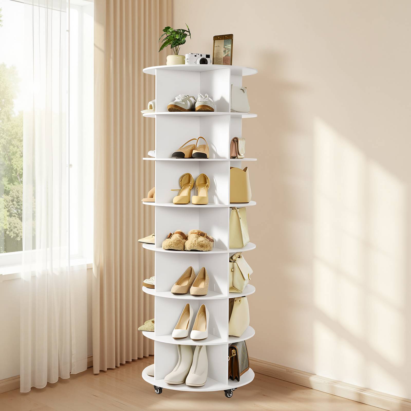 VEVOR Étagère à chaussures présentoir rotatif à 7 niveaux avec roulettes blanc - Image 8