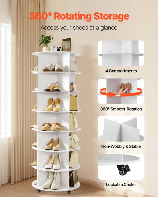 VEVOR Étagère à chaussures présentoir rotatif à 7 niveaux avec roulettes blanc - Image 2
