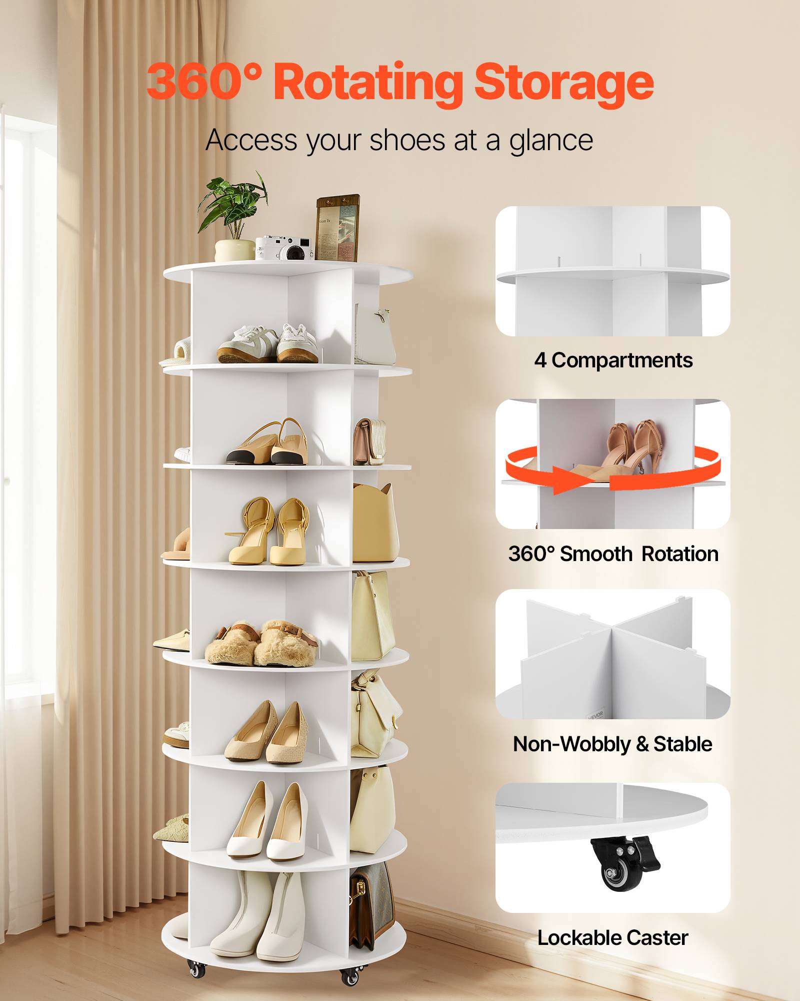 VEVOR Étagère à chaussures présentoir rotatif à 7 niveaux avec roulettes blanc - Image 2