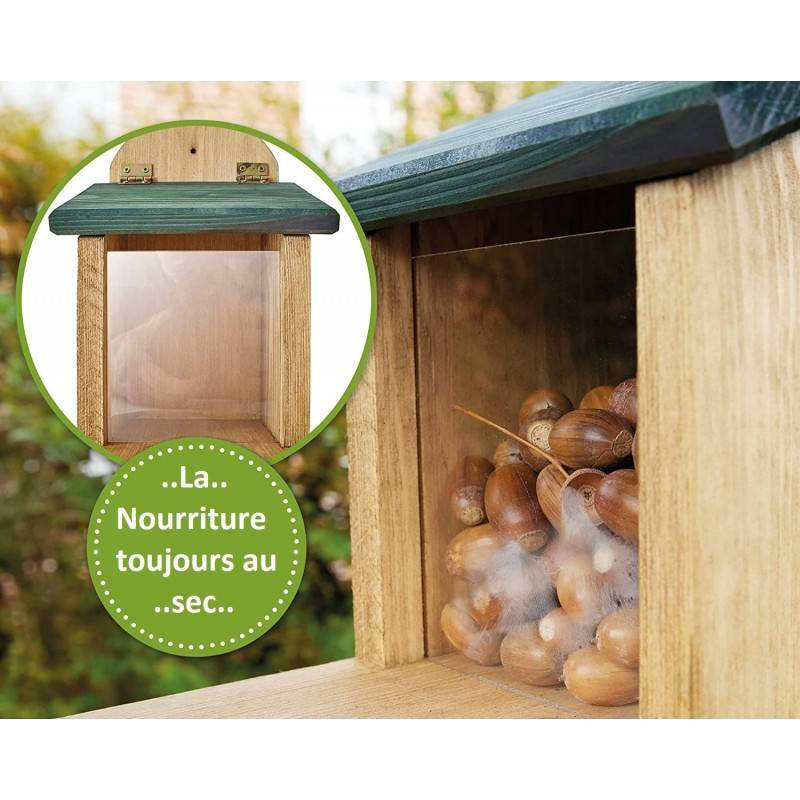Mangeoire Écureuil Distributeur de nourriture éxtérieur robuste en bois massif et vitre plexiglas de haute qualité"328 Écu" - Image 5