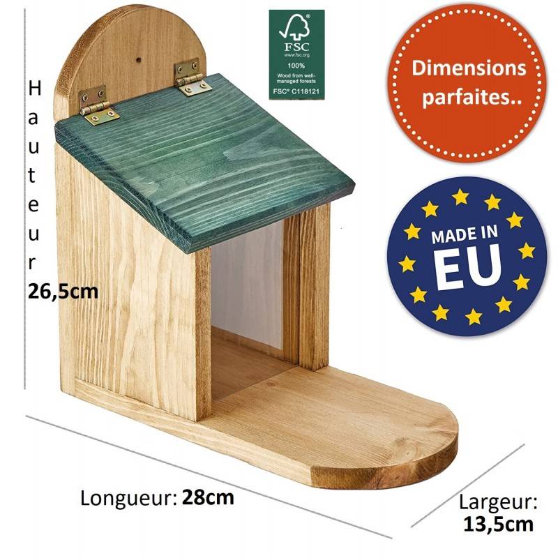 Mangeoire Écureuil Distributeur de nourriture éxtérieur robuste en bois massif et vitre plexiglas de haute qualité"328 Écu" - Image 3