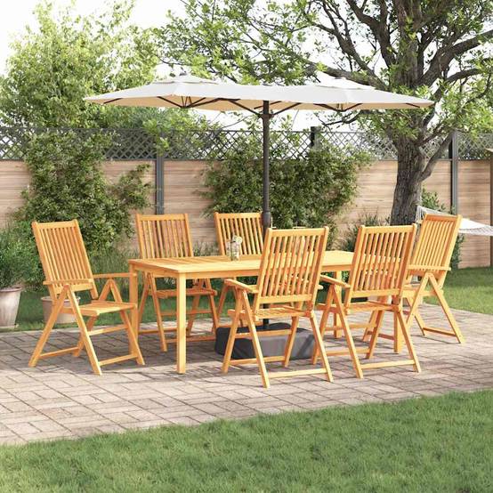 Table et chaises de jardin pliantes Bois d'acacia massif pour 6 convives sur patio ou balcon Marron – ComfortXL Outdoor Living - Image 1