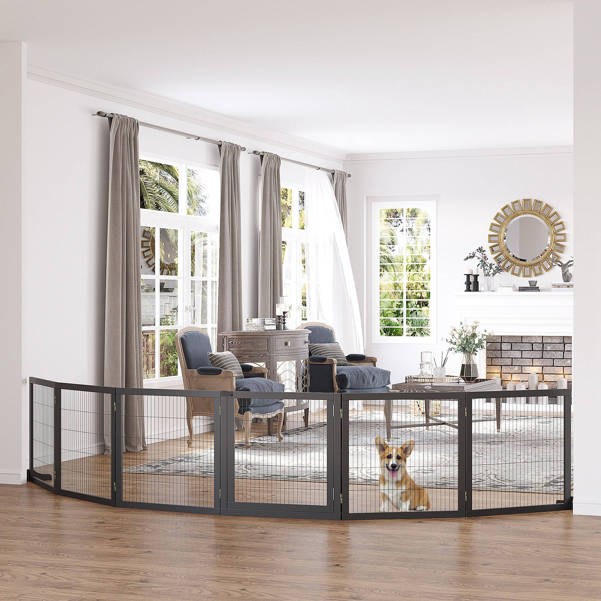 Barrière pour chien pliable 432 x 36 x 70 cm, pin, noir - Image 3