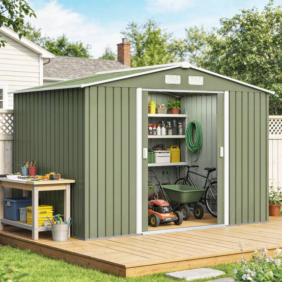 Abri vert clair 4,9 m² 277x195x192 cm avec 2 portes coulissantes et base renforcée, grand rangement extérieur design frais et fonctionnel - Image 4