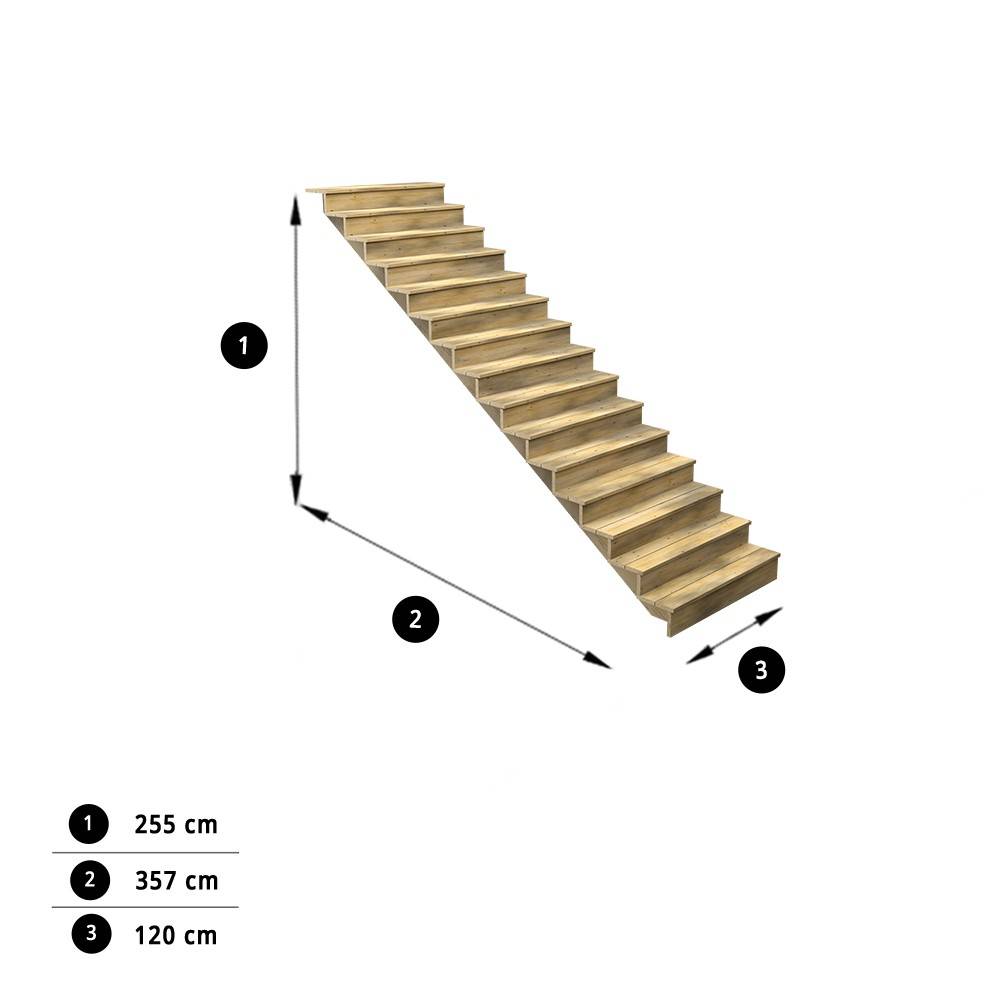 Decklinea - Escalier Bois Exterieur - 15 Marches Pleines - Largeur : 1m20 - Hauteur : 2m55 - Avec Contremarches - Pin du Nord - Imagen 3