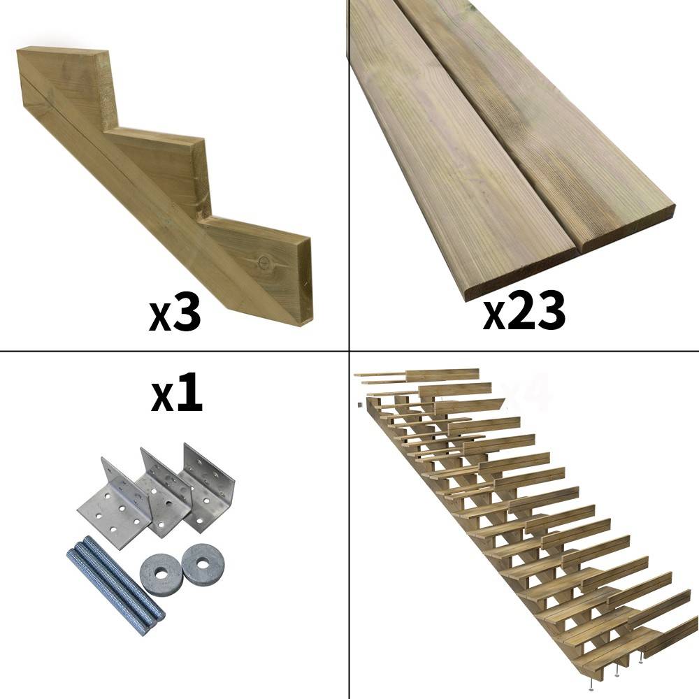 Decklinea - Escalier Bois Exterieur - 15 Marches Pleines - Largeur : 1m20 - Hauteur : 2m55 - Avec Contremarches - Pin du Nord - Imagen 2