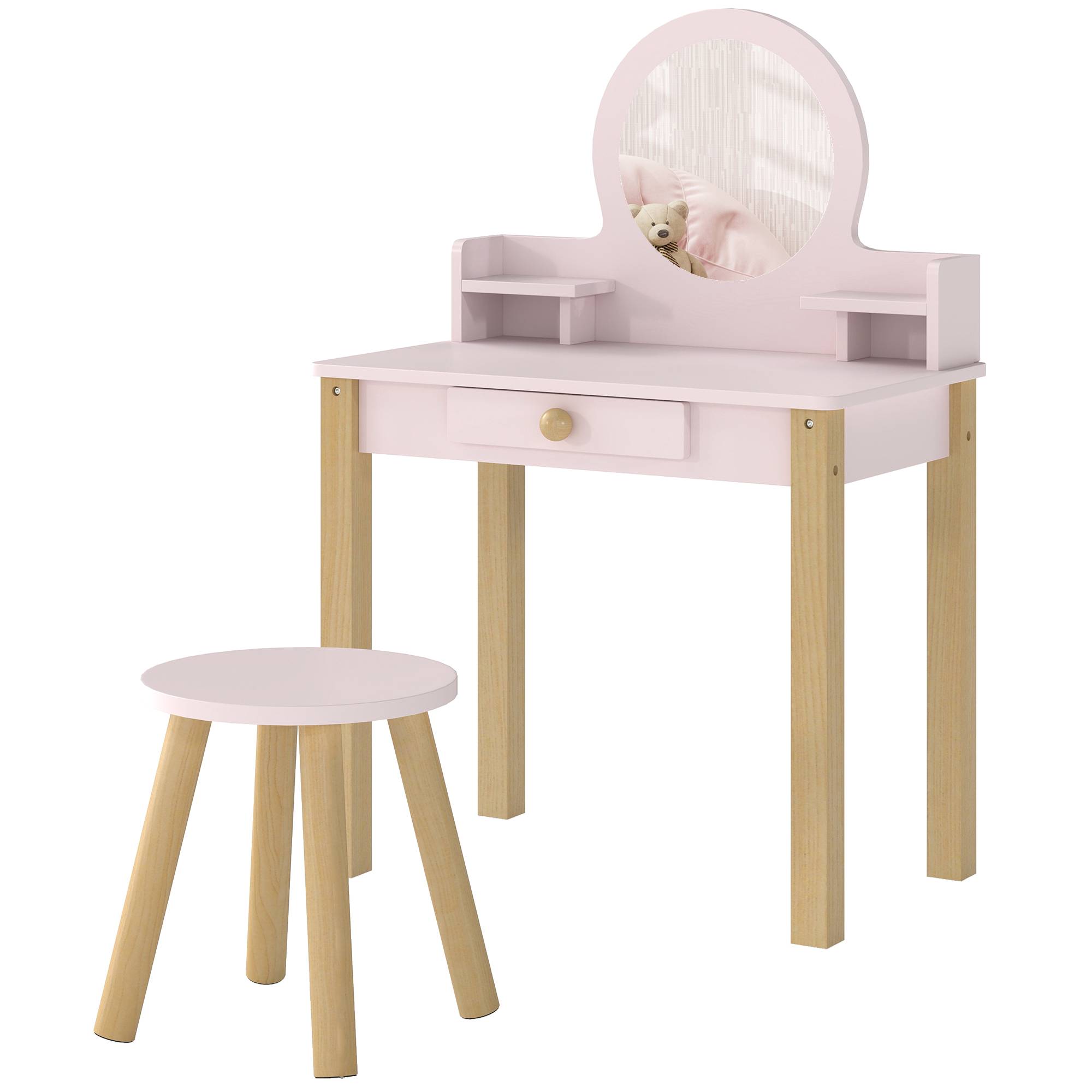 Sans Marque - Set Toeletta Trucco Bambina avec Sgabello, Specchio et Cassetto en Legno, Età 3-6 Anni, Rose - Image 2