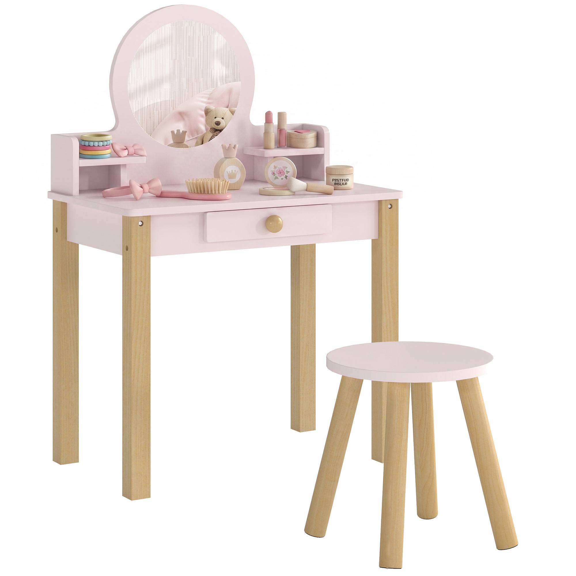 Sans Marque - Set Toeletta Trucco Bambina avec Sgabello, Specchio et Cassetto en Legno, Età 3-6 Anni, Rose - Image 1