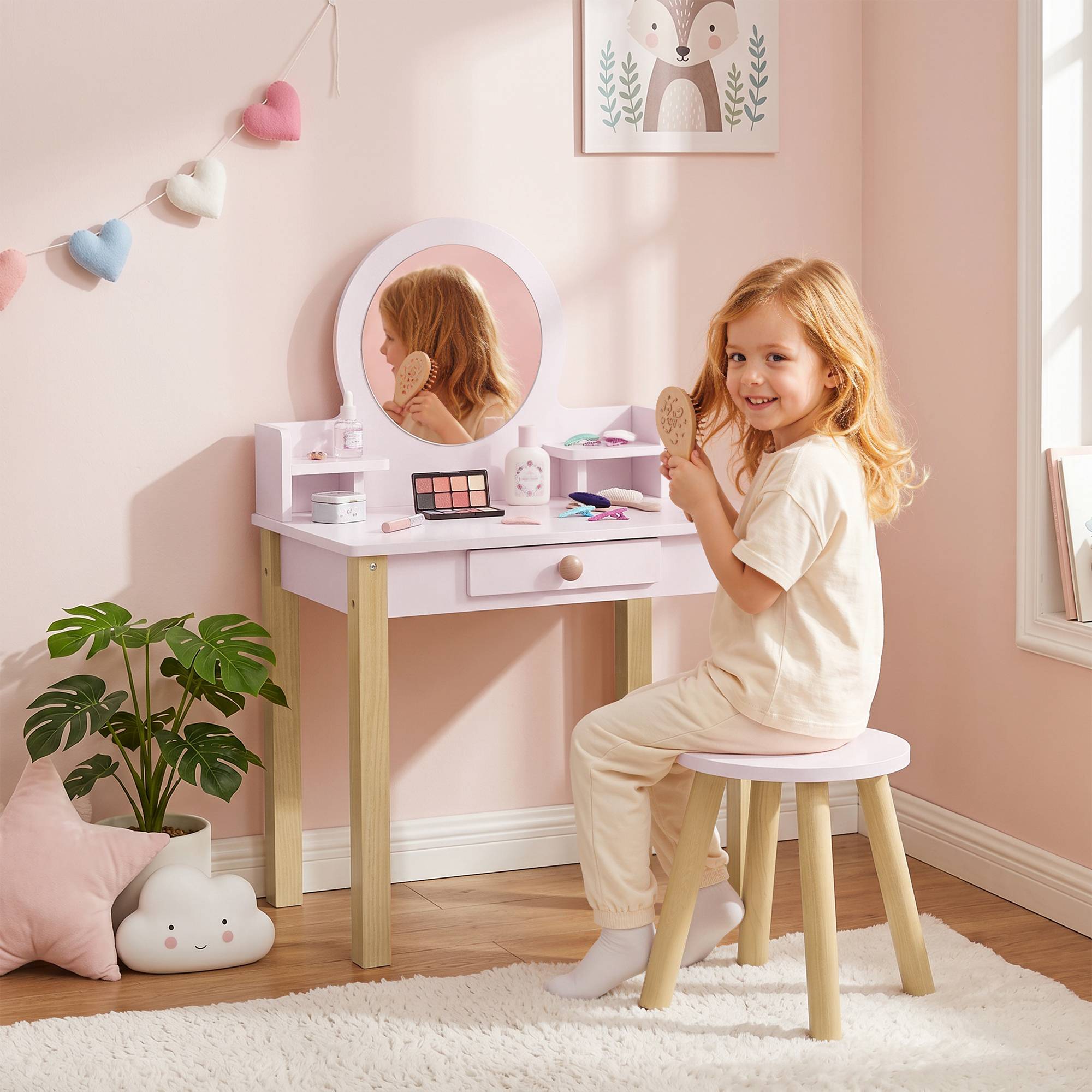 Sans Marque - Set Toeletta Trucco Bambina avec Sgabello, Specchio et Cassetto en Legno, Età 3-6 Anni, Rose - Image 4
