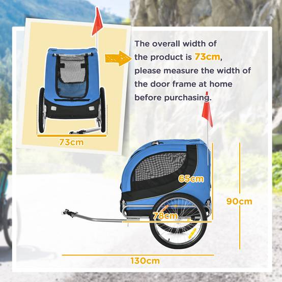 Remorque vélo pour chien moyen avec point d'attache, fenêtres latérales et drapeau, en acier et toile Oxford, 130 x 73 x 90 cm, bleue et noire - Image 5