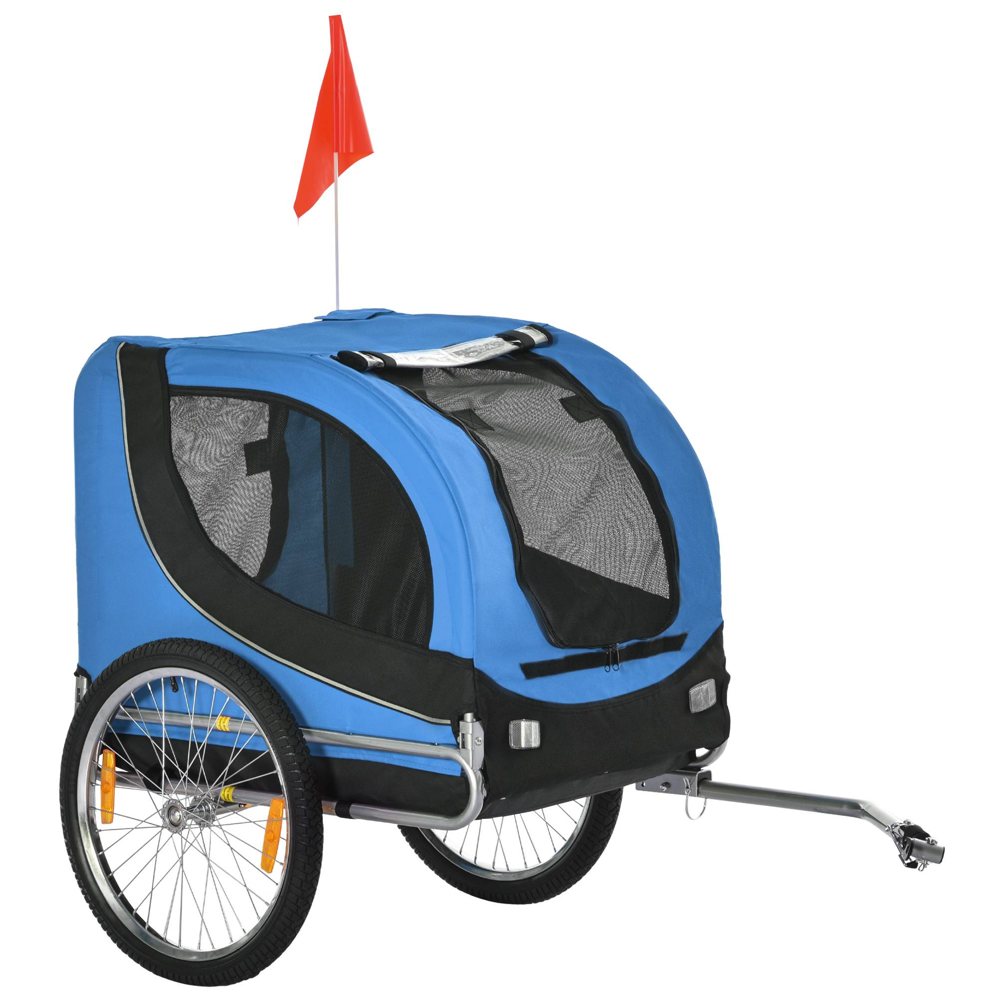 Remorque vélo pour chien moyen avec point d'attache, fenêtres latérales et drapeau, en acier et toile Oxford, 130 x 73 x 90 cm, bleue et noire - Image 1