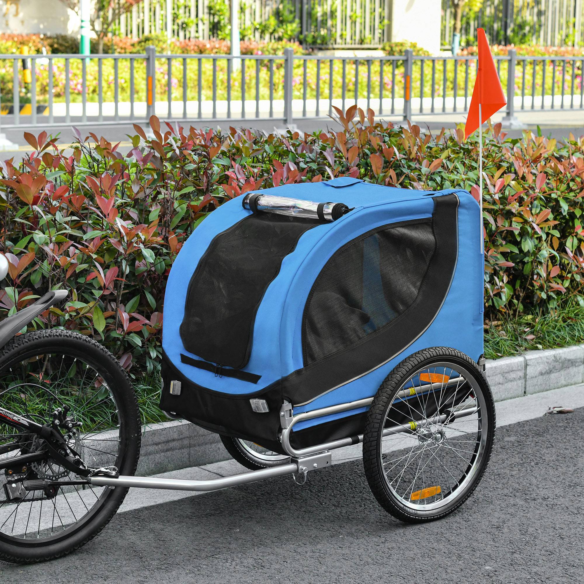 Remorque vélo pour chien moyen avec point d'attache, fenêtres latérales et drapeau, en acier et toile Oxford, 130 x 73 x 90 cm, bleue et noire - Image 4