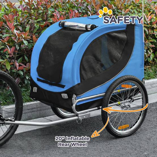 Remorque vélo pour chien moyen avec point d'attache, fenêtres latérales et drapeau, en acier et toile Oxford, 130 x 73 x 90 cm, bleue et noire - Image 9