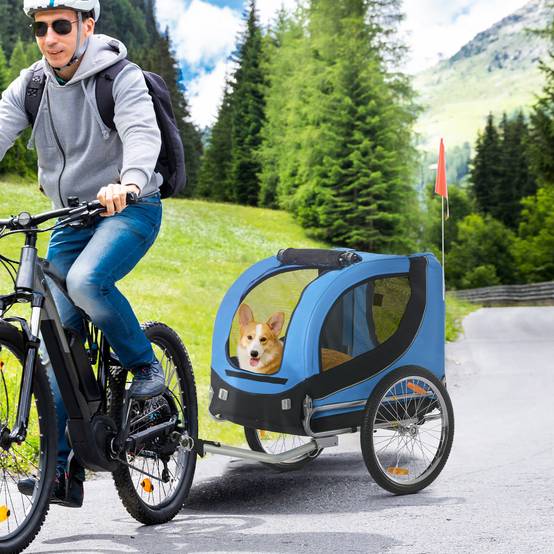 Remorque vélo pour chien moyen avec point d'attache, fenêtres latérales et drapeau, en acier et toile Oxford, 130 x 73 x 90 cm, bleue et noire - Image 3