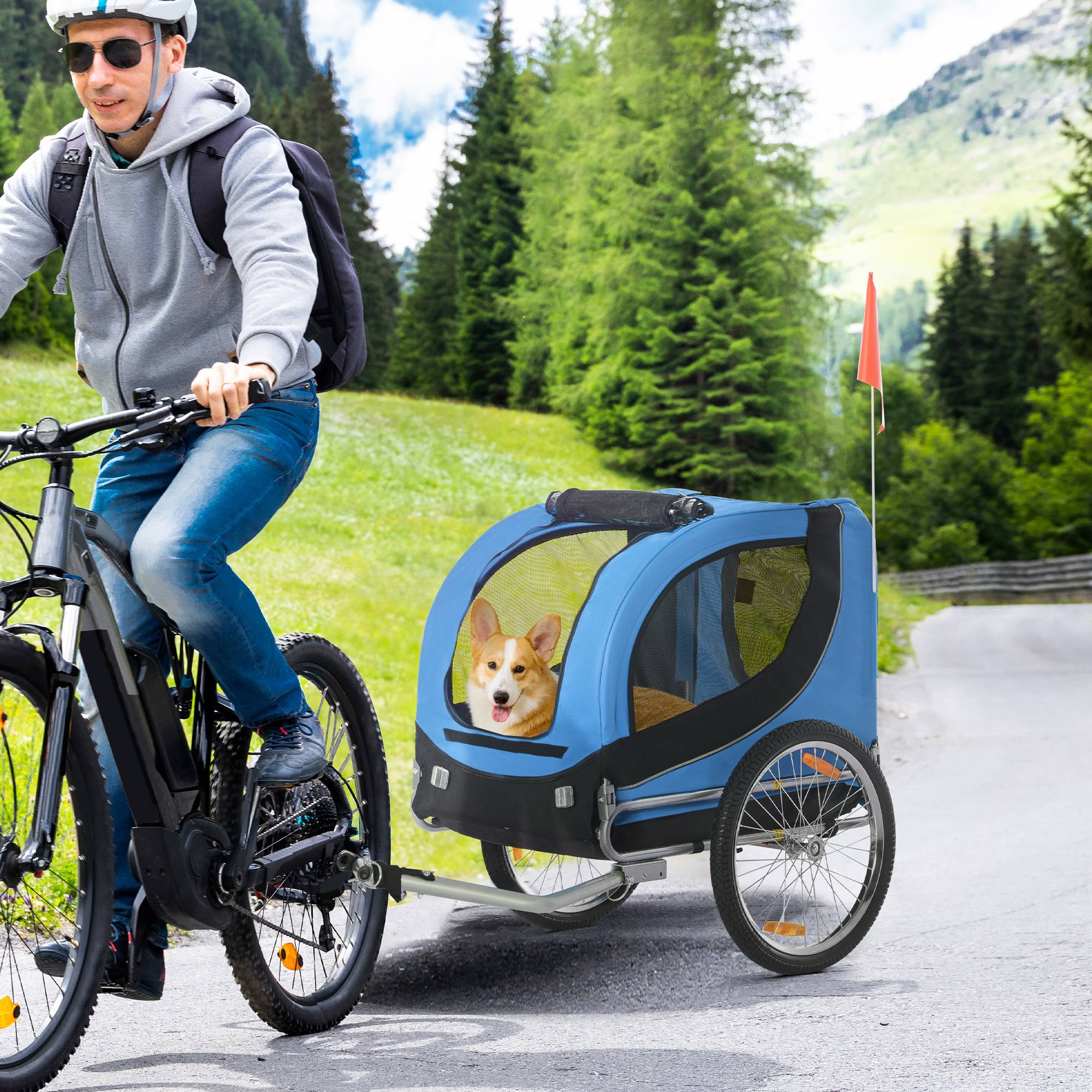 Remorque vélo pour chien moyen avec point d'attache, fenêtres latérales et drapeau, en acier et toile Oxford, 130 x 73 x 90 cm, bleue et noire - Image 3
