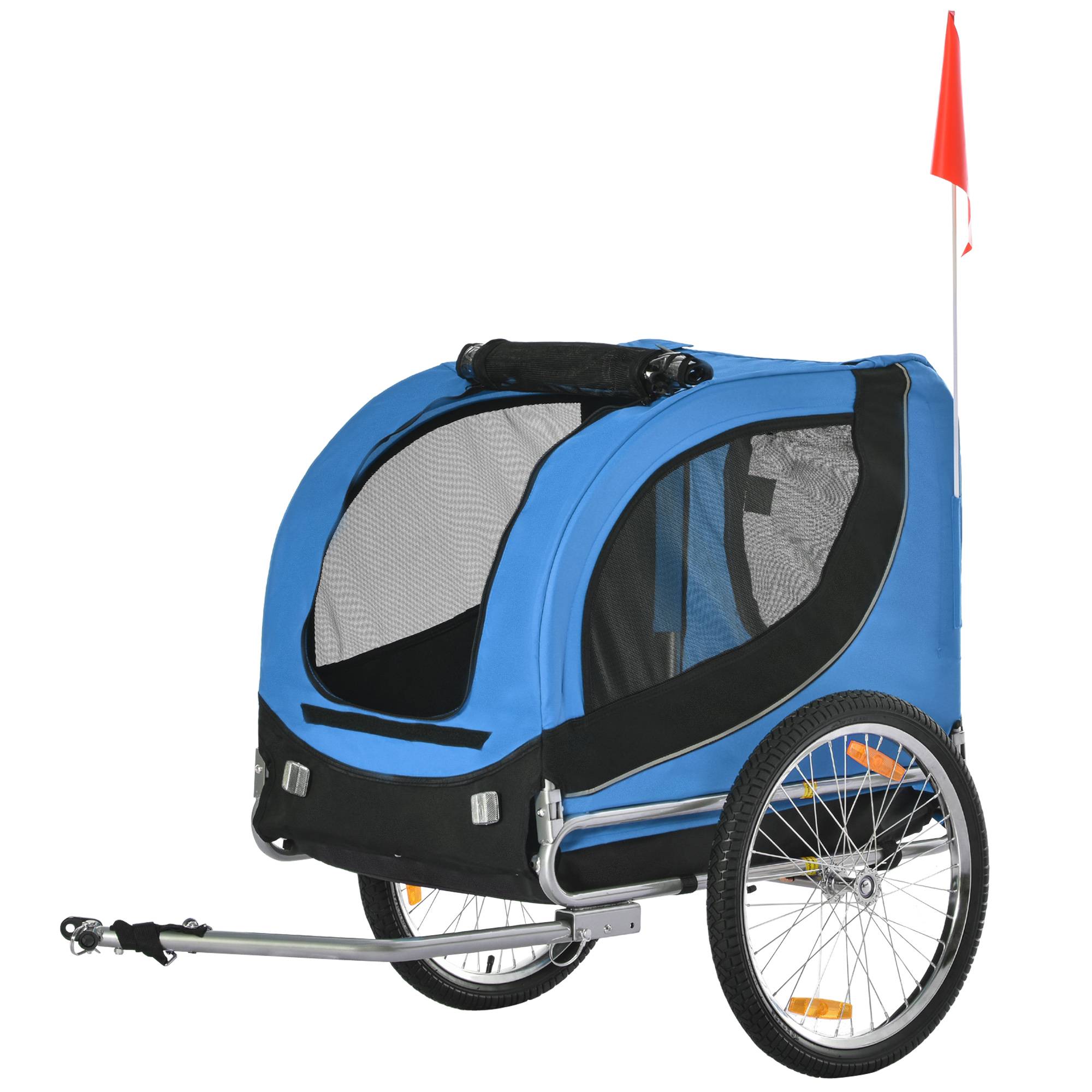 Remorque vélo pour chien moyen avec point d'attache, fenêtres latérales et drapeau, en acier et toile Oxford, 130 x 73 x 90 cm, bleue et noire - Image 2