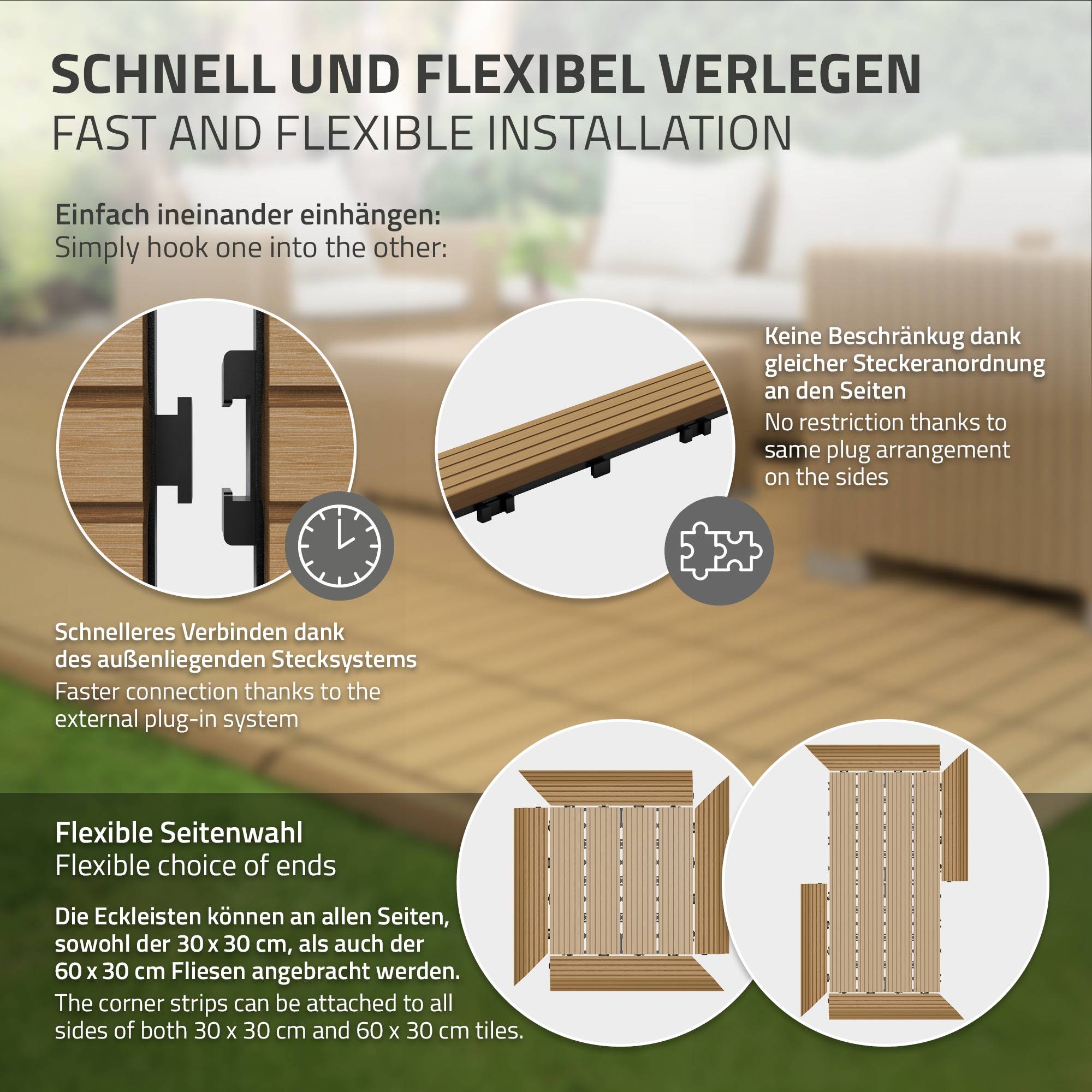 Bordure de finition coin droit 38x2x7,5cm teck Plinthe d'angle striée aspect de bois avec drainage et structure de support système d'encliquetage - Image 5