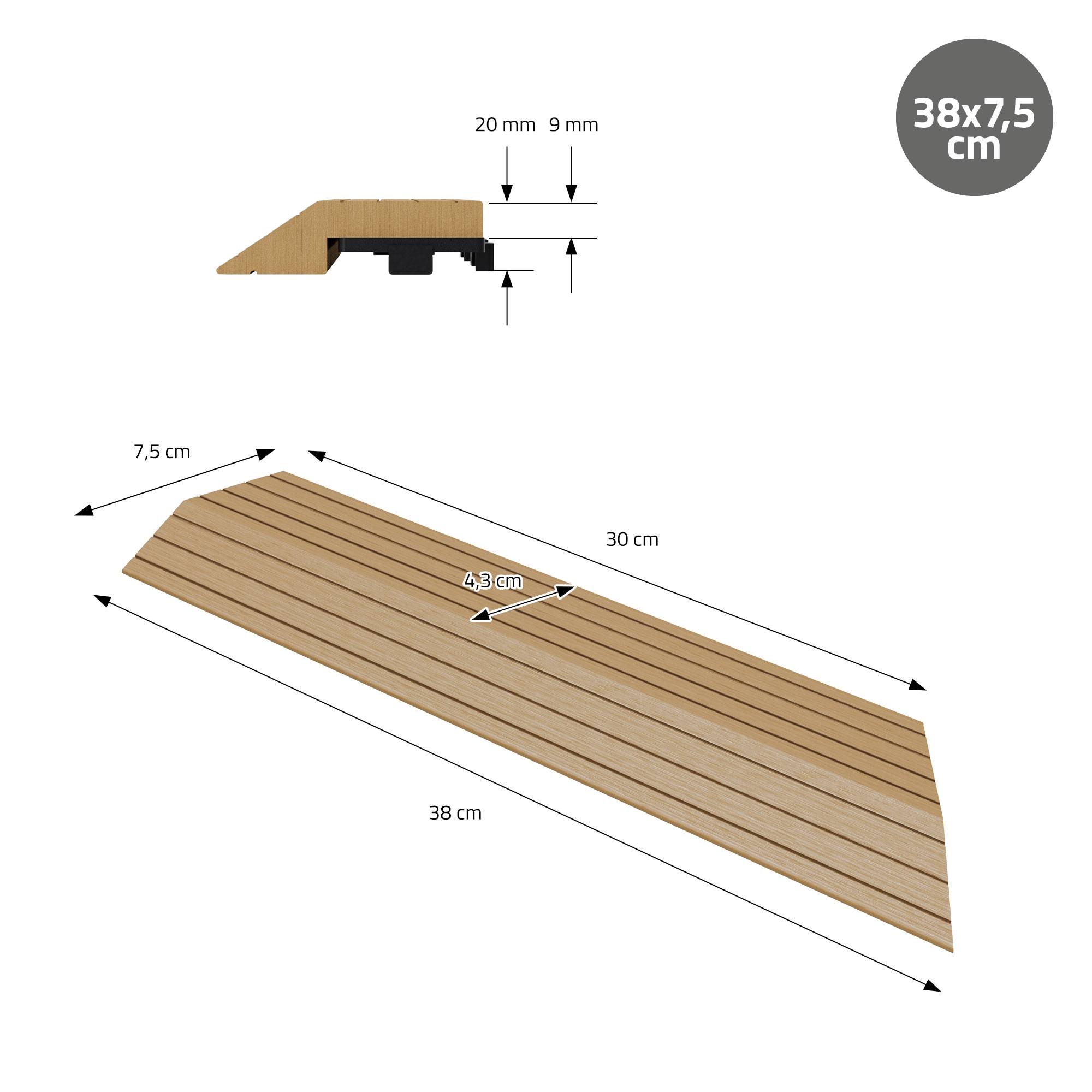 Bordure de finition coin droit 38x2x7,5cm teck Plinthe d'angle striée aspect de bois avec drainage et structure de support système d'encliquetage - Image 7
