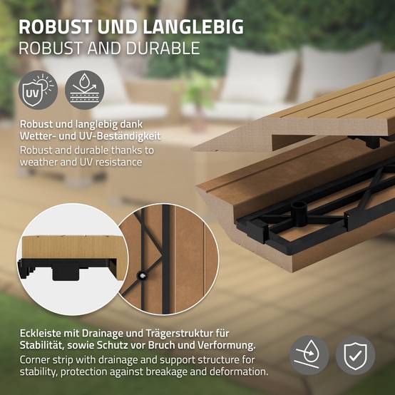 Bordure de finition coin droit 38x2x7,5cm teck Plinthe d'angle striée aspect de bois avec drainage et structure de support système d'encliquetage - Image 3