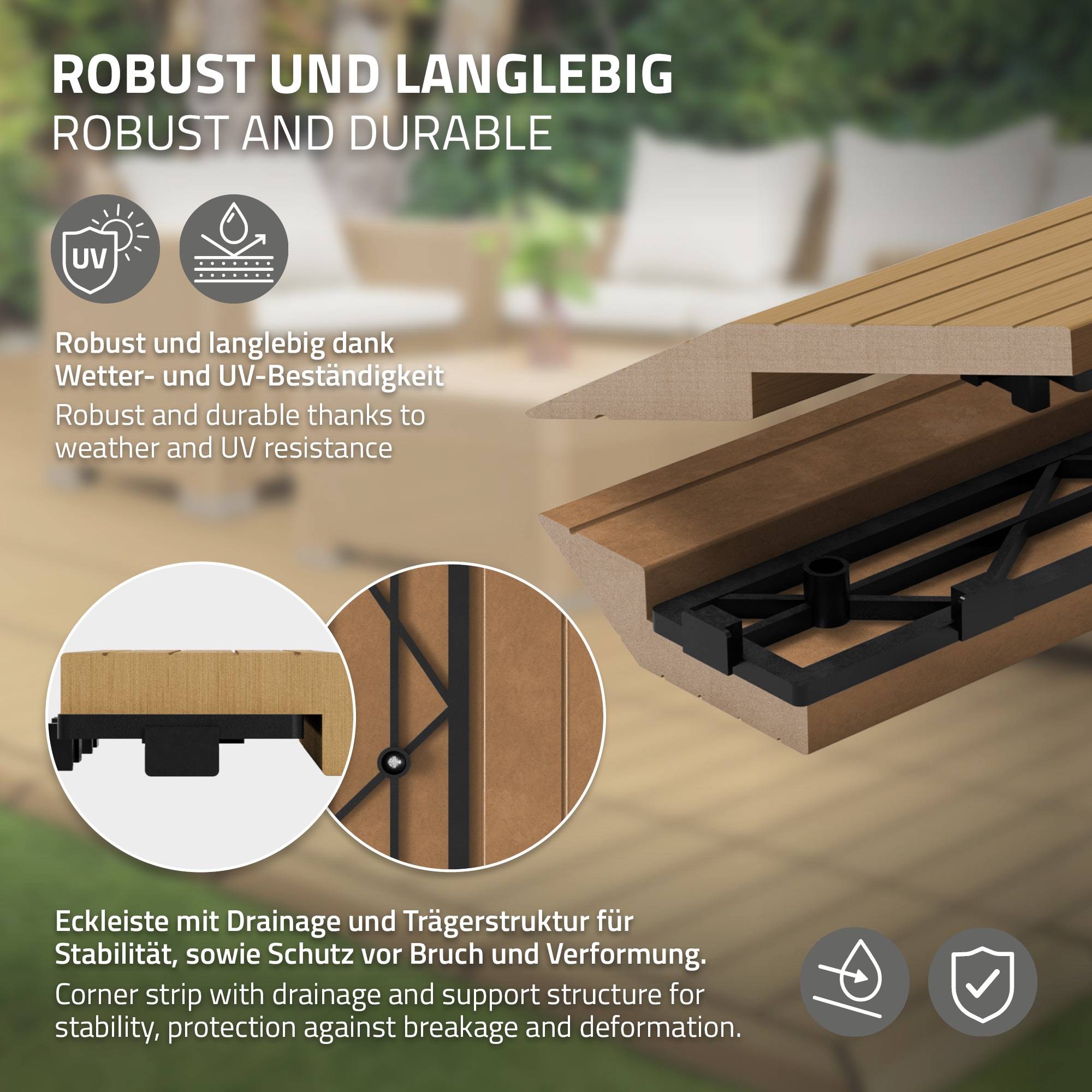 Bordure de finition coin droit 38x2x7,5cm teck Plinthe d'angle striée aspect de bois avec drainage et structure de support système d'encliquetage - Image 3