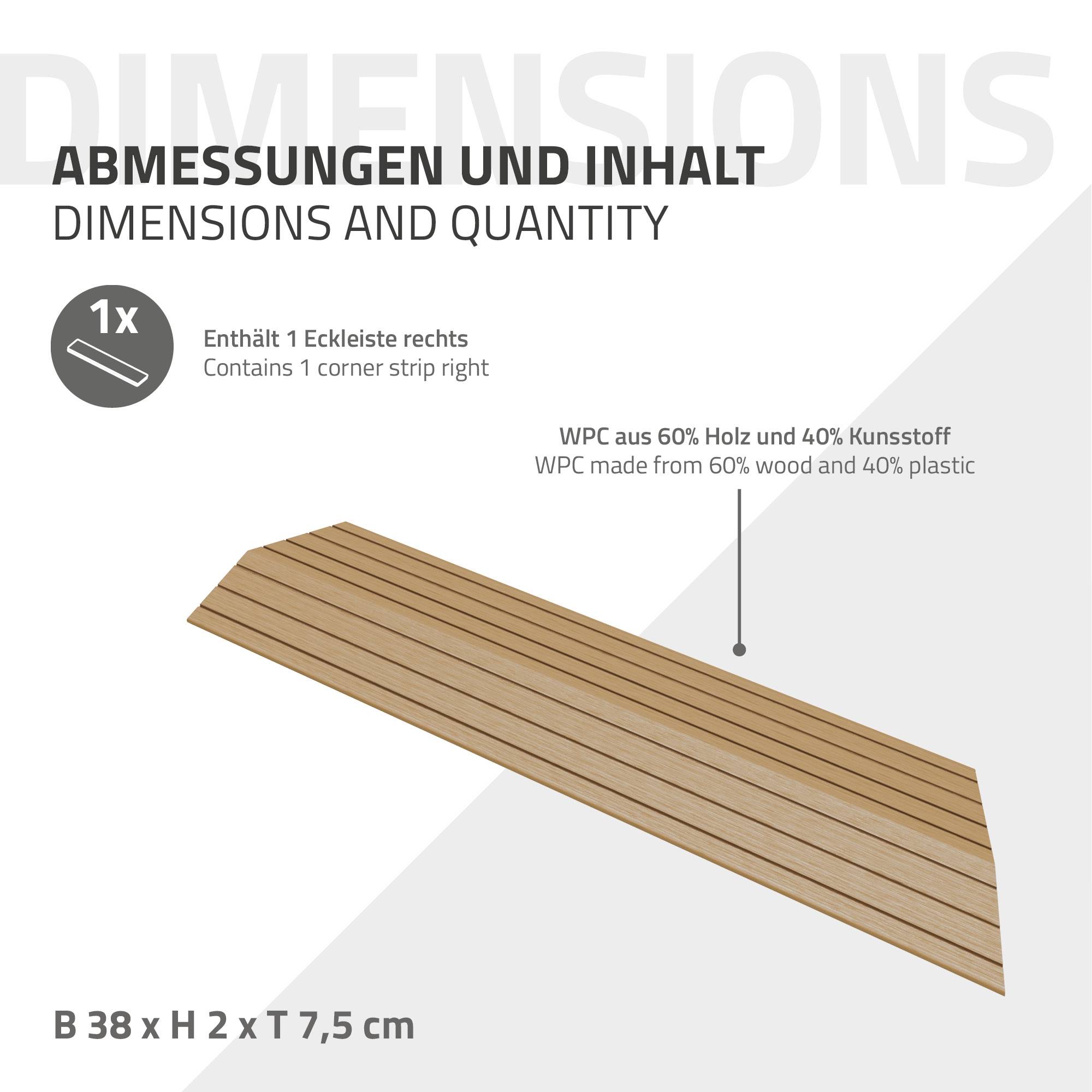 Bordure de finition coin droit 38x2x7,5cm teck Plinthe d'angle striée aspect de bois avec drainage et structure de support système d'encliquetage - Image 6