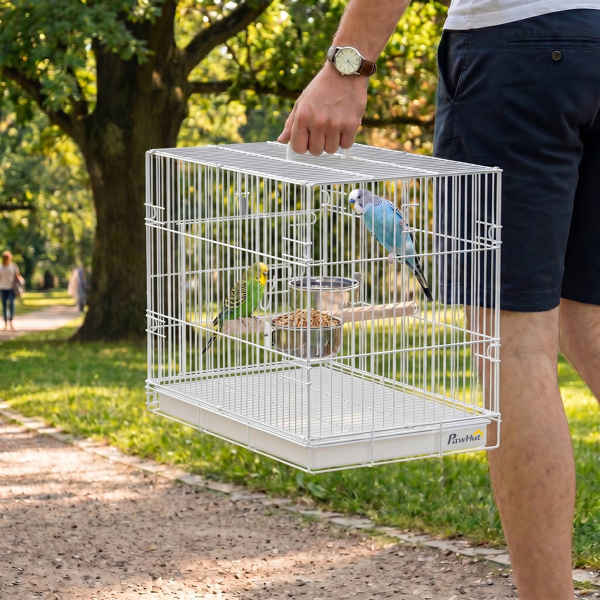 ComfortXL - Cage de transport pliable acier blanc pour petits oiseaux avec perchoir bois et gamelles inox voyage - Image 1