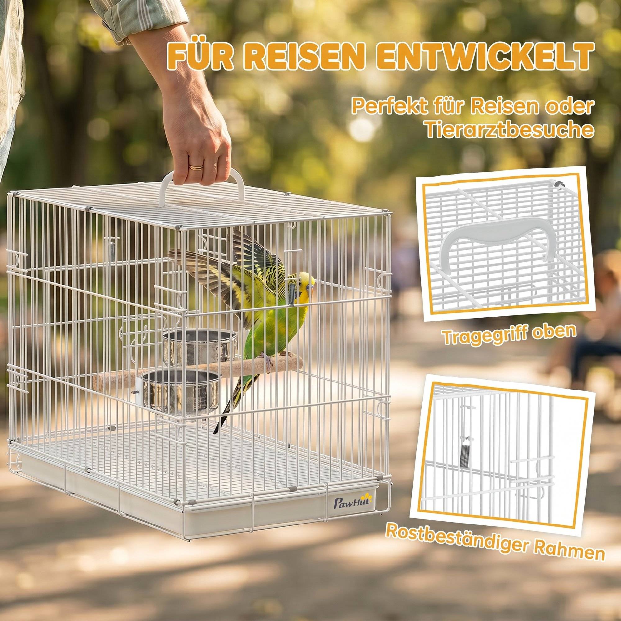 ComfortXL - Cage de transport pliable acier blanc pour petits oiseaux avec perchoir bois et gamelles inox voyage - Image 4