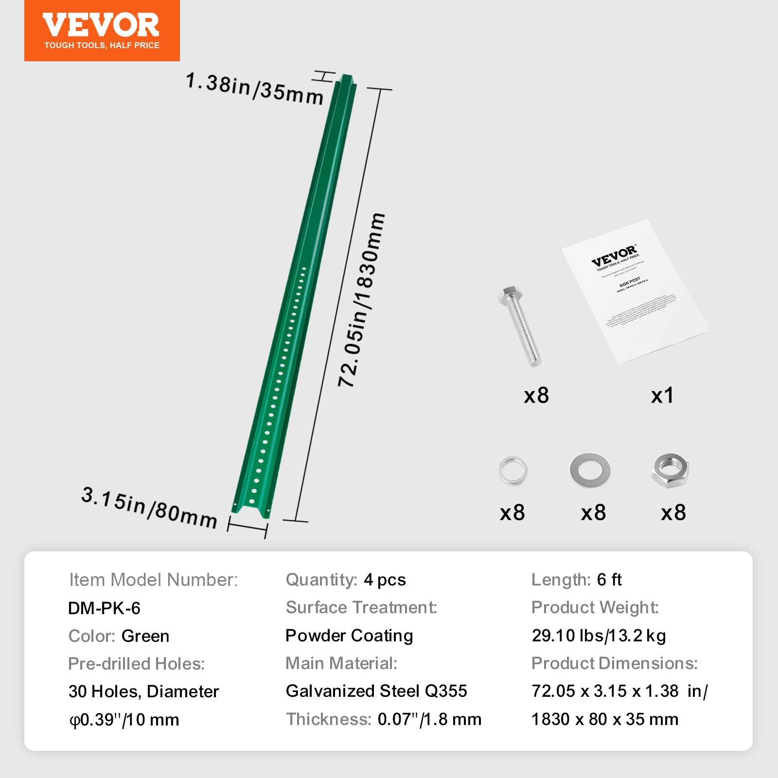 VEVOR Lot 4 poteaux signalisation U 1.8m, acier vert, jardin. - Image 7