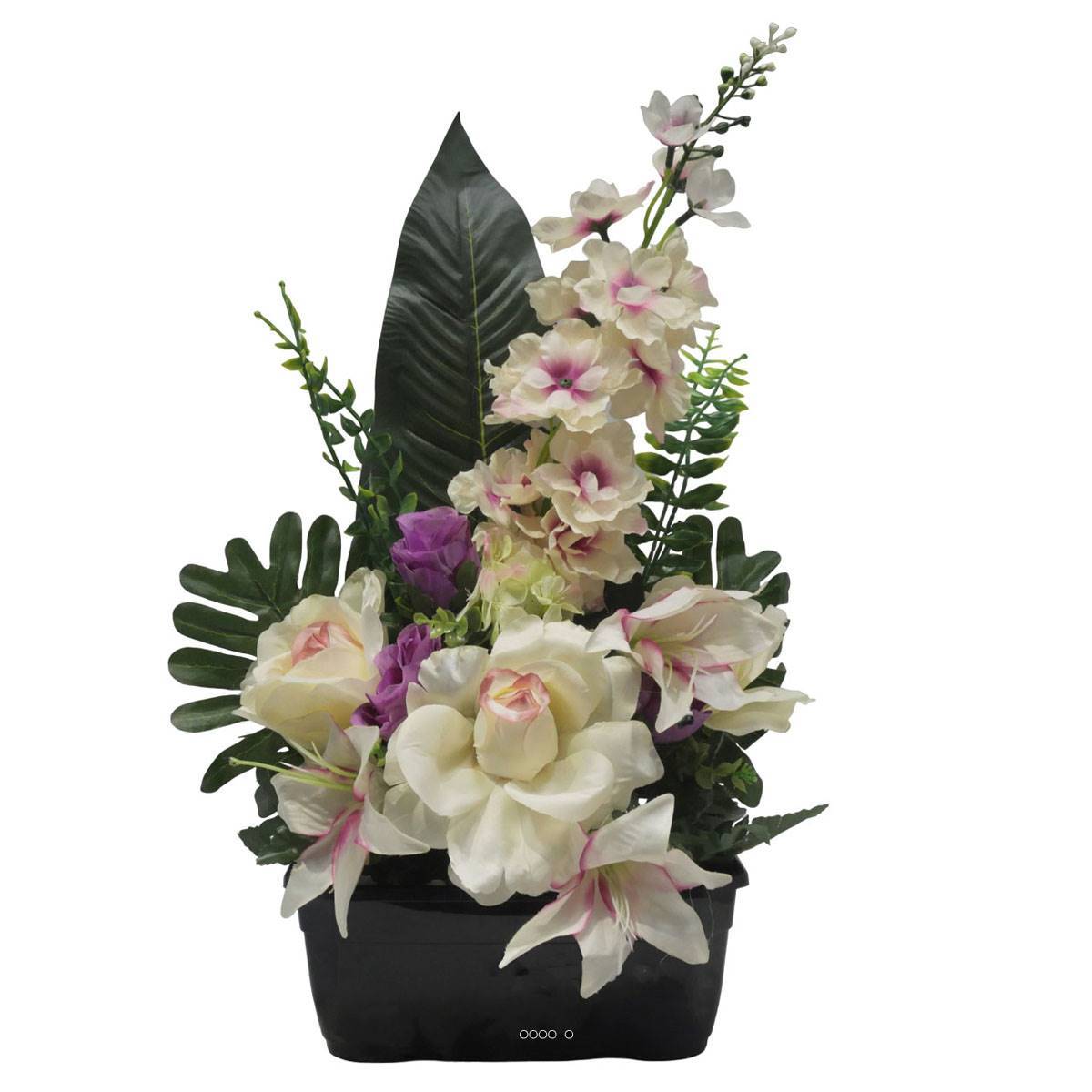 Artificielles - Jardinière fleurs artificielles pour les tombes Rose, bouton de Rose, Lys et Delphinium Pourpre - couleur: Pourpre - Imagen 2