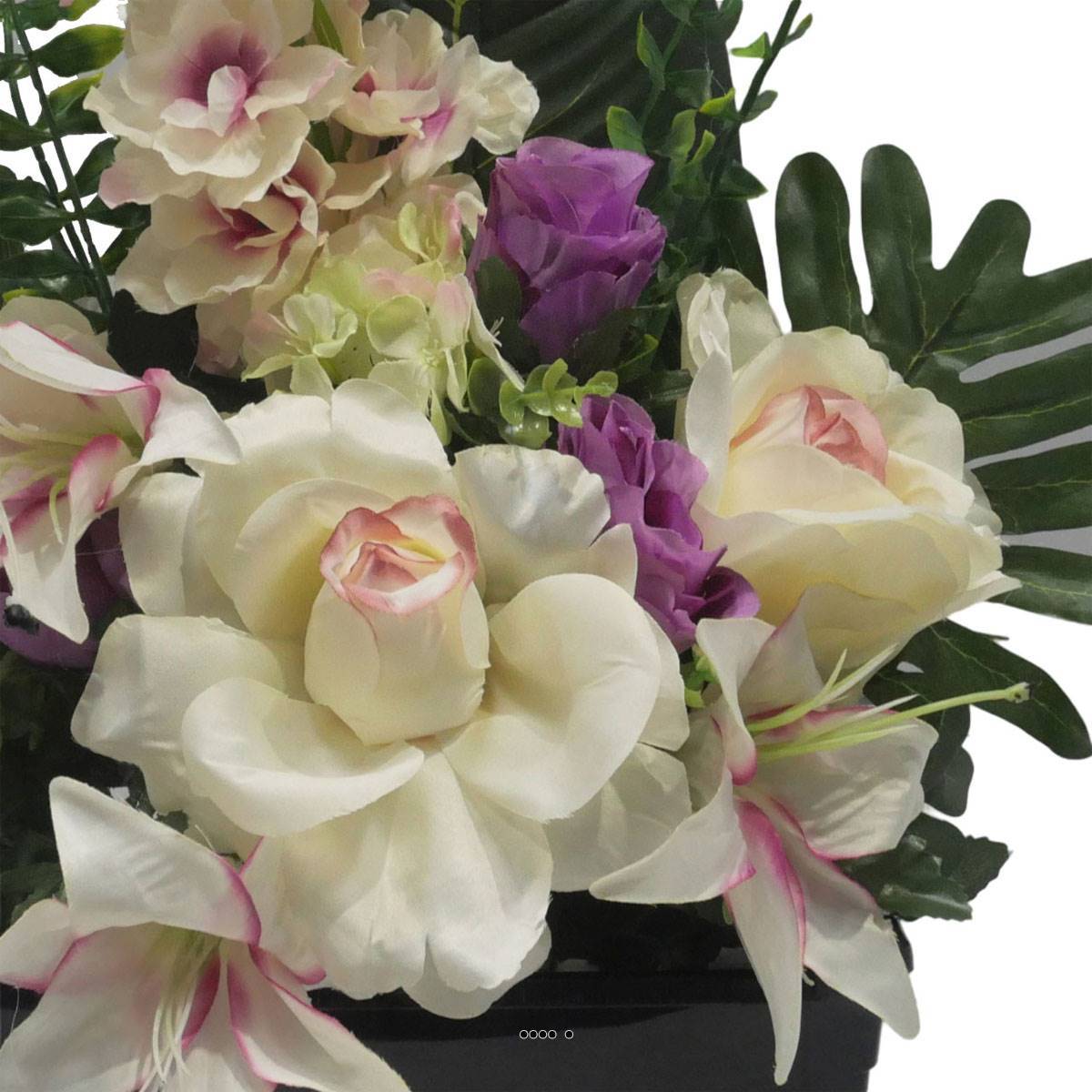 Artificielles - Jardinière fleurs artificielles pour les tombes Rose, bouton de Rose, Lys et Delphinium Pourpre - couleur: Pourpre - Imagen 3