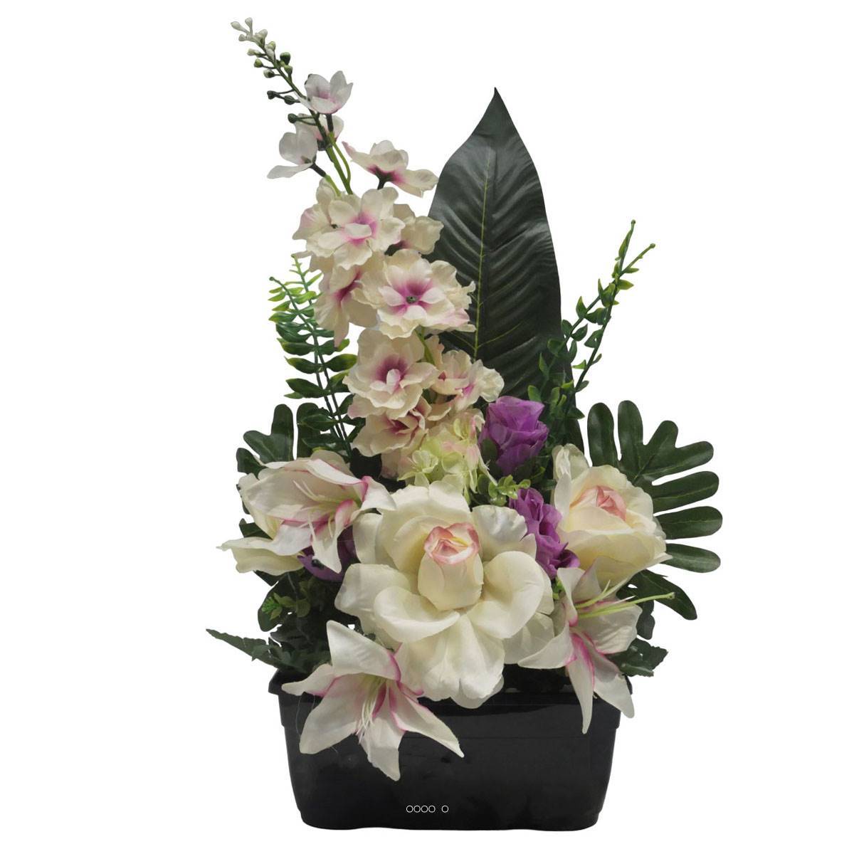 Artificielles - Jardinière fleurs artificielles pour les tombes Rose, bouton de Rose, Lys et Delphinium Pourpre - couleur: Pourpre - Imagen 1