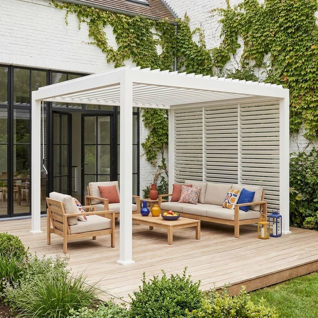 Pergola bioclimatique aluminium 3x3 m V2 lames orientables + 3 persiennes TRIOMPHE blanc | sweeek - Image 1