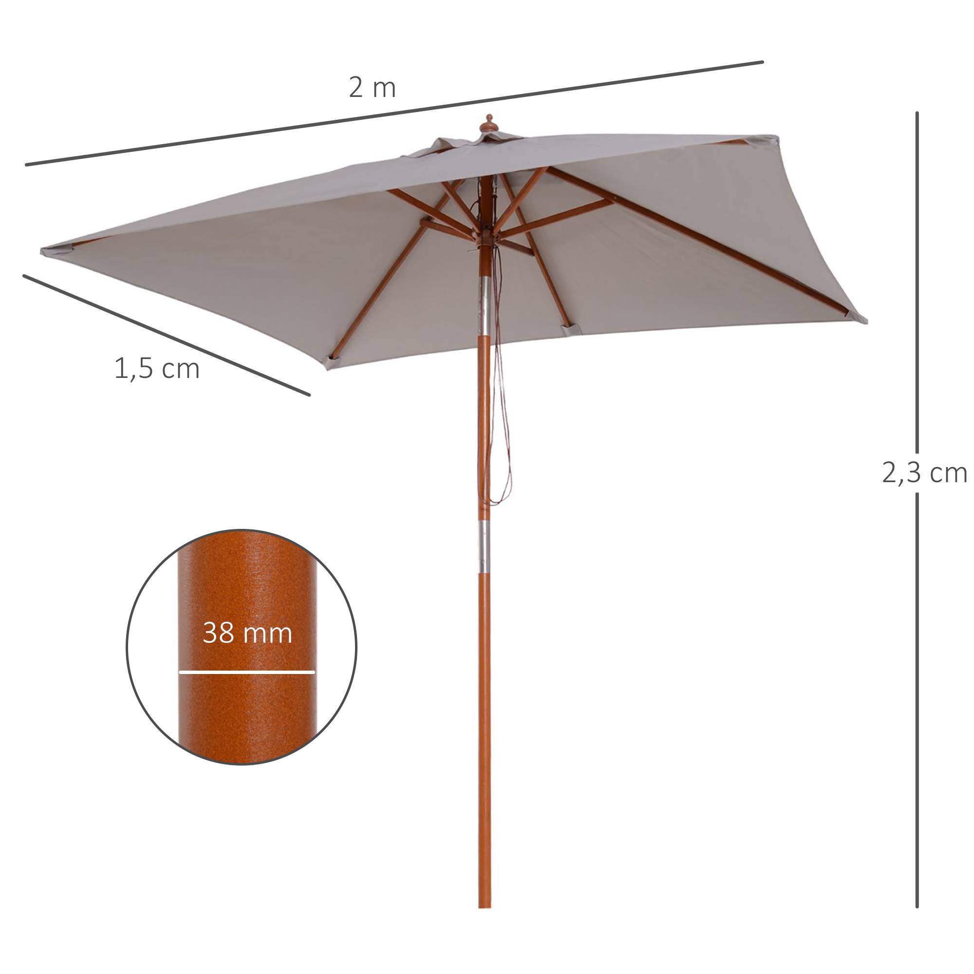 Parasol rectangulaire inclinable pour terrasse 200 x 150 x 235 cm avec mât en bois gris imperméable et anti-UV - Image 5