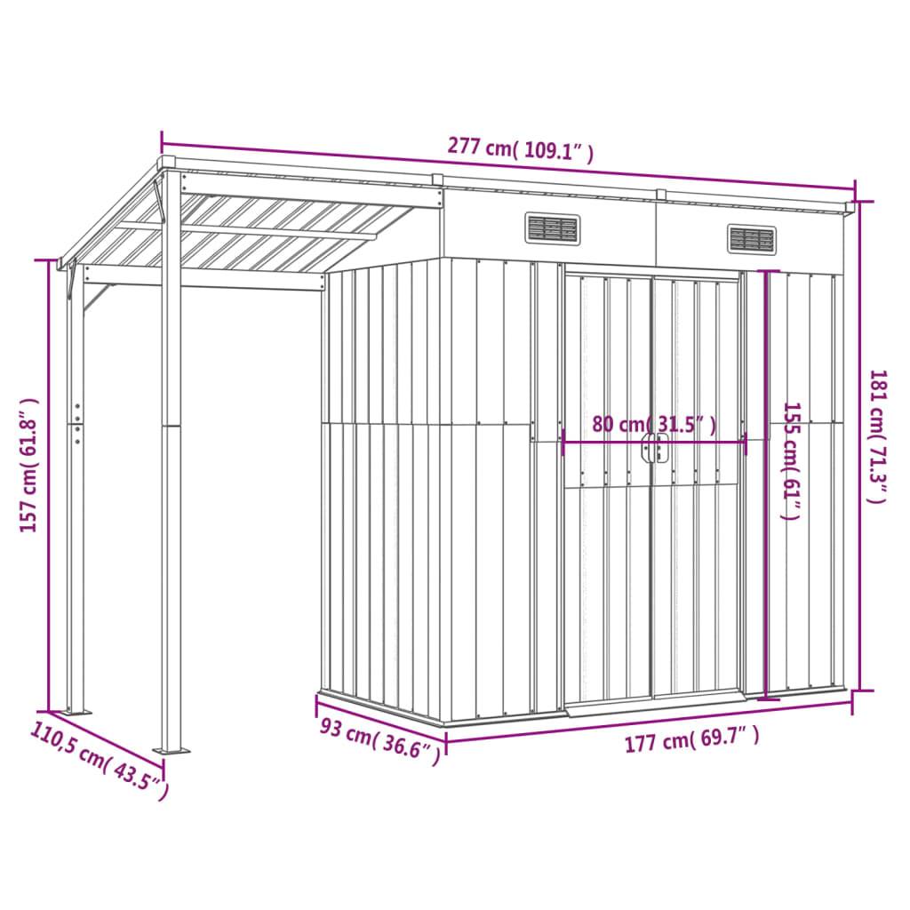 Helloshop26 - Abri de jardin cabane cabanon maison de stockage remise extérieur hangar outils robuste avec toit prolongé 277 x 110,5 x 181 cm acier marron - Imagen 7