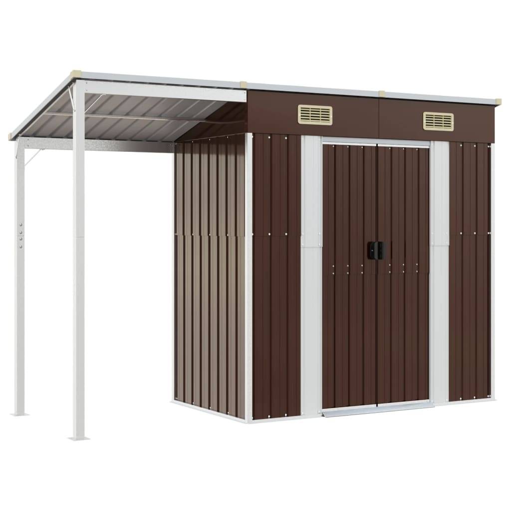 Helloshop26 - Abri de jardin cabane cabanon maison de stockage remise extérieur hangar outils robuste avec toit prolongé 277 x 110,5 x 181 cm acier marron - Imagen 1