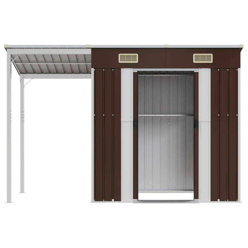 Helloshop26 - Abri de jardin cabane cabanon maison de stockage remise extérieur hangar outils robuste avec toit prolongé 277 x 110,5 x 181 cm acier marron - Imagen 3