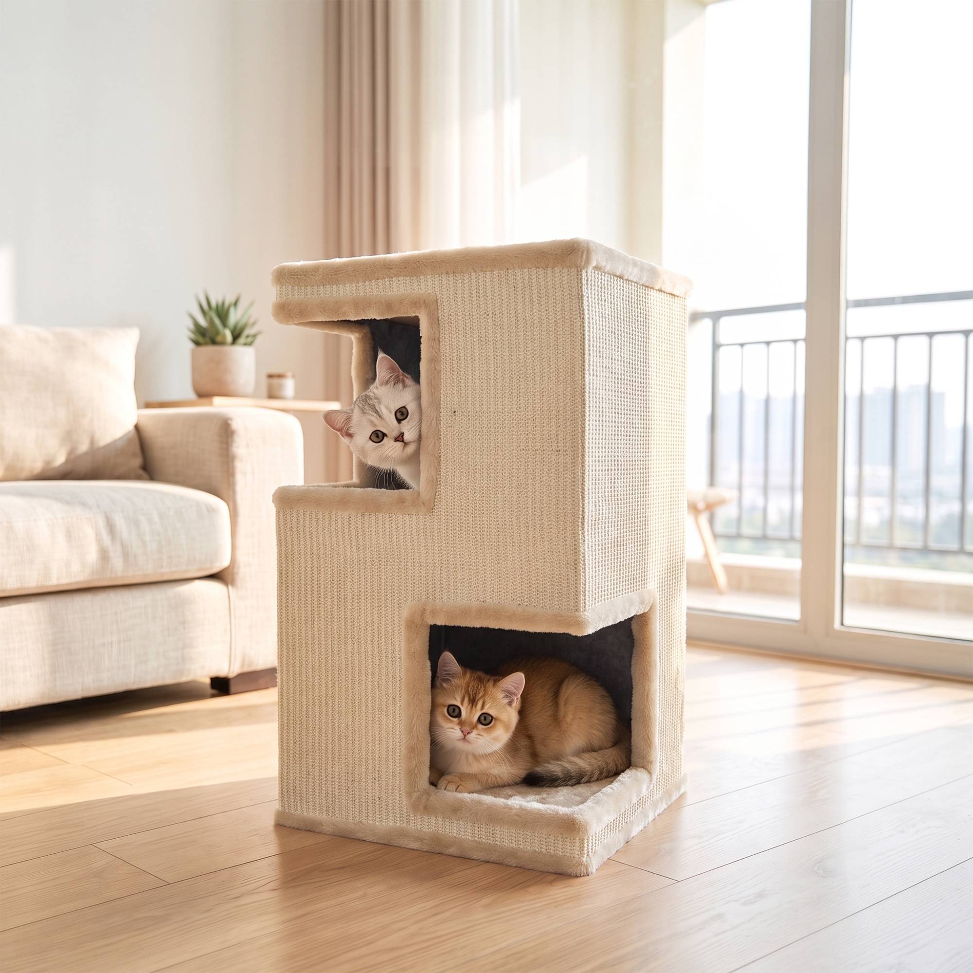 ComfortXL - Griffoir tonneau pour chat aggloméré et peluche 40 x 40 x 67 cm beige 3 niveaux avec 2 niches en sisal - Image 1