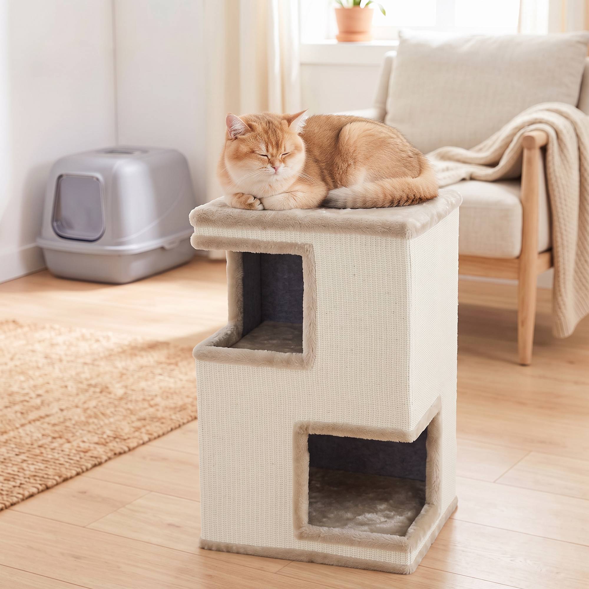 ComfortXL - Griffoir tonneau pour chat aggloméré et peluche 40 x 40 x 67 cm beige 3 niveaux avec 2 niches en sisal - Image 9