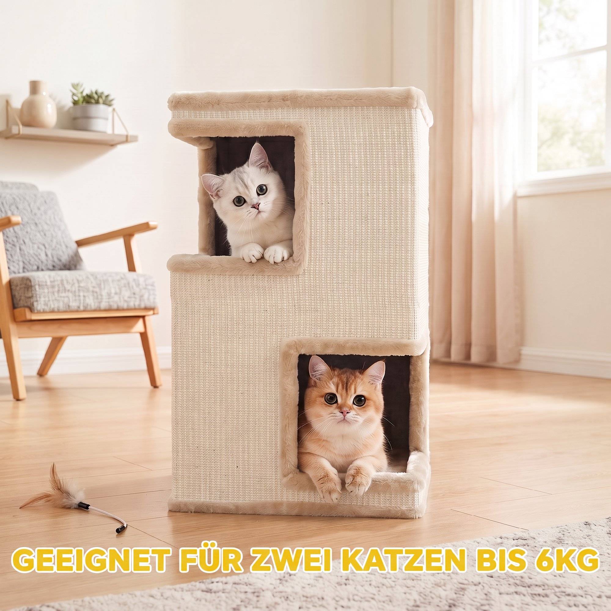 ComfortXL - Griffoir tonneau pour chat aggloméré et peluche 40 x 40 x 67 cm beige 3 niveaux avec 2 niches en sisal - Image 7