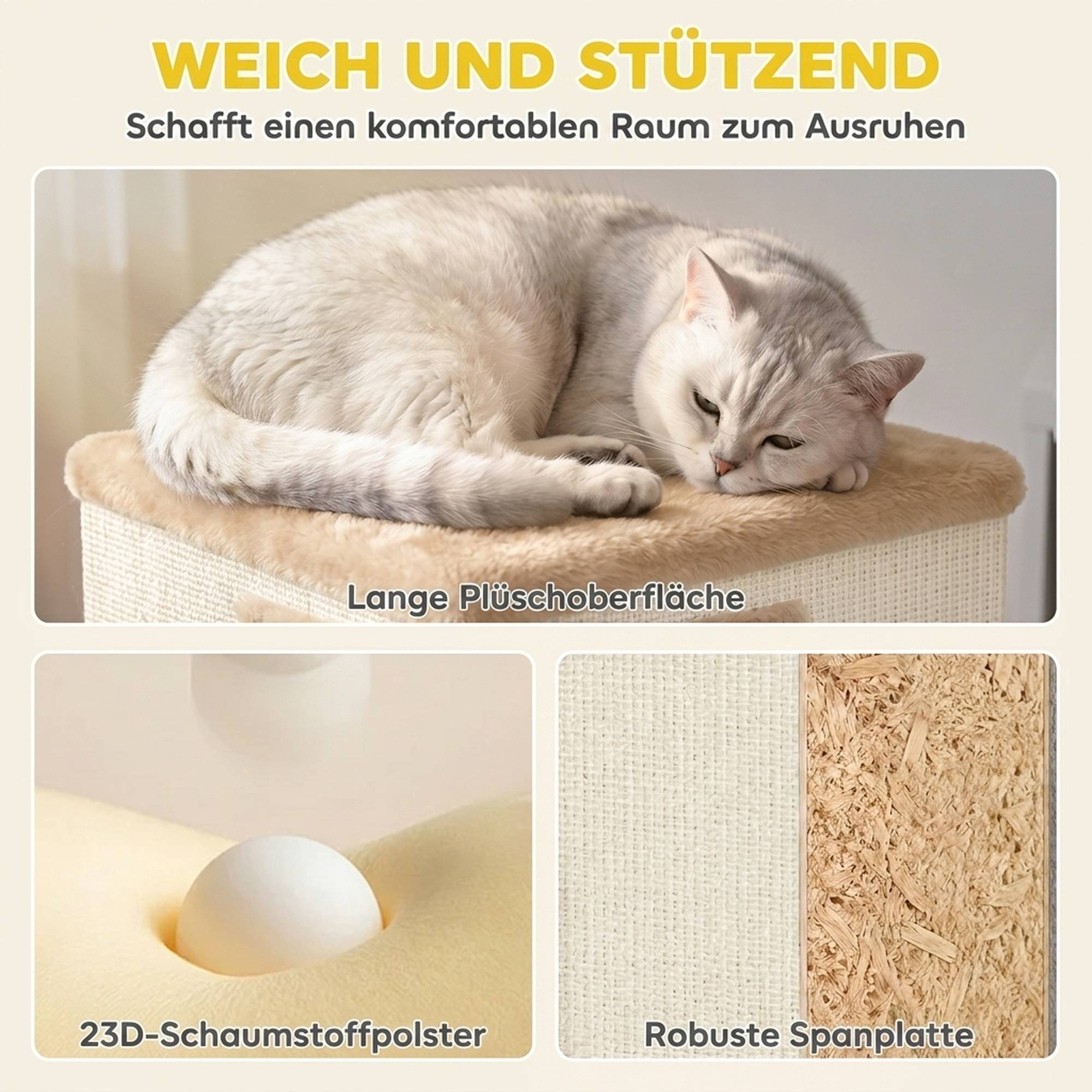 ComfortXL - Griffoir tonneau pour chat aggloméré et peluche 40 x 40 x 67 cm beige 3 niveaux avec 2 niches en sisal - Image 6